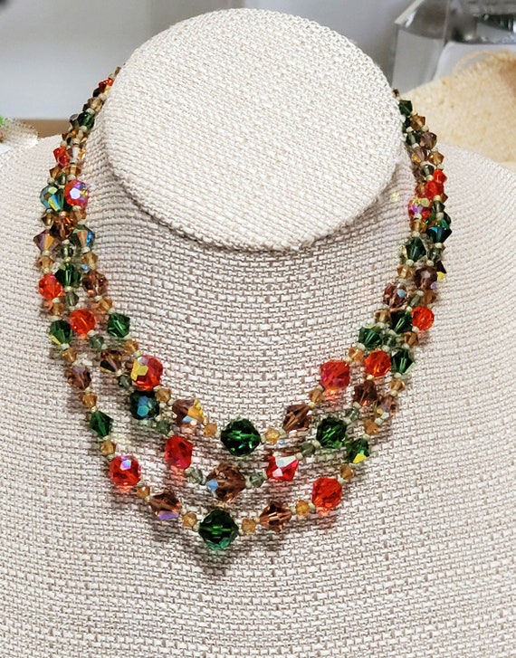 Multicolor Crystal Necklace 3 Strands AB Green Or… - image 3