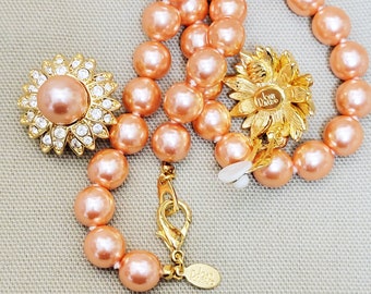 Joan Rivers Necklace & Earrings Set, Mother's Day Gift, , Earrings Rhinestone, Peachy Pink Glass Beads Spring Summer