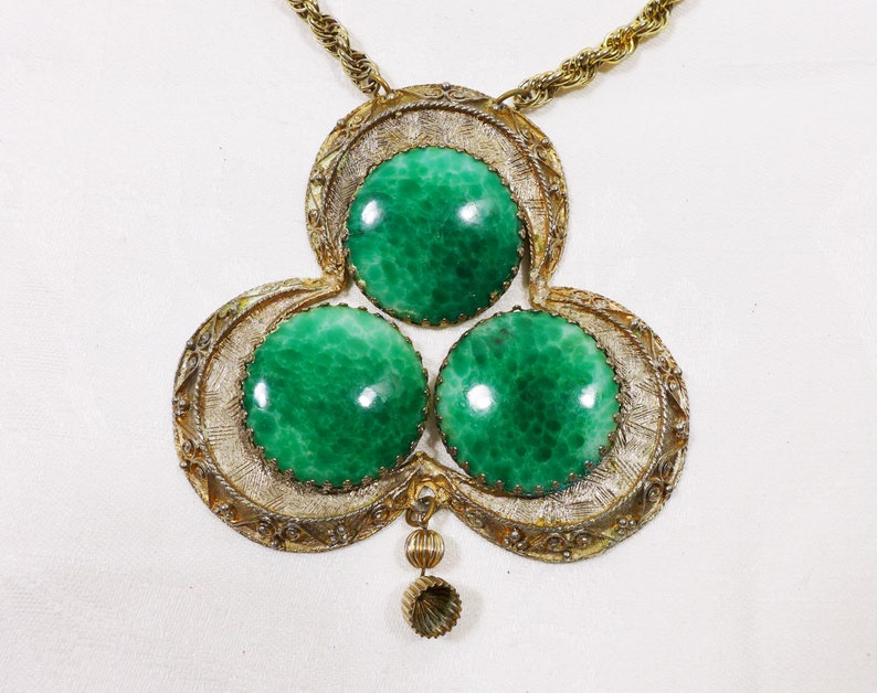 Huge Pendant Necklace Green Art Glass Gold Dangle Rope Chain