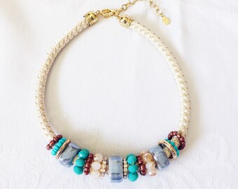 Beautiful Necklace Woven Fiber Chain with Sliding Rings of Pottery Rhinestones Glass Beads