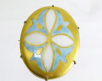 Arts & Crafts Brooch: Gold Leaf Blue Enamel Glazed Cabochon