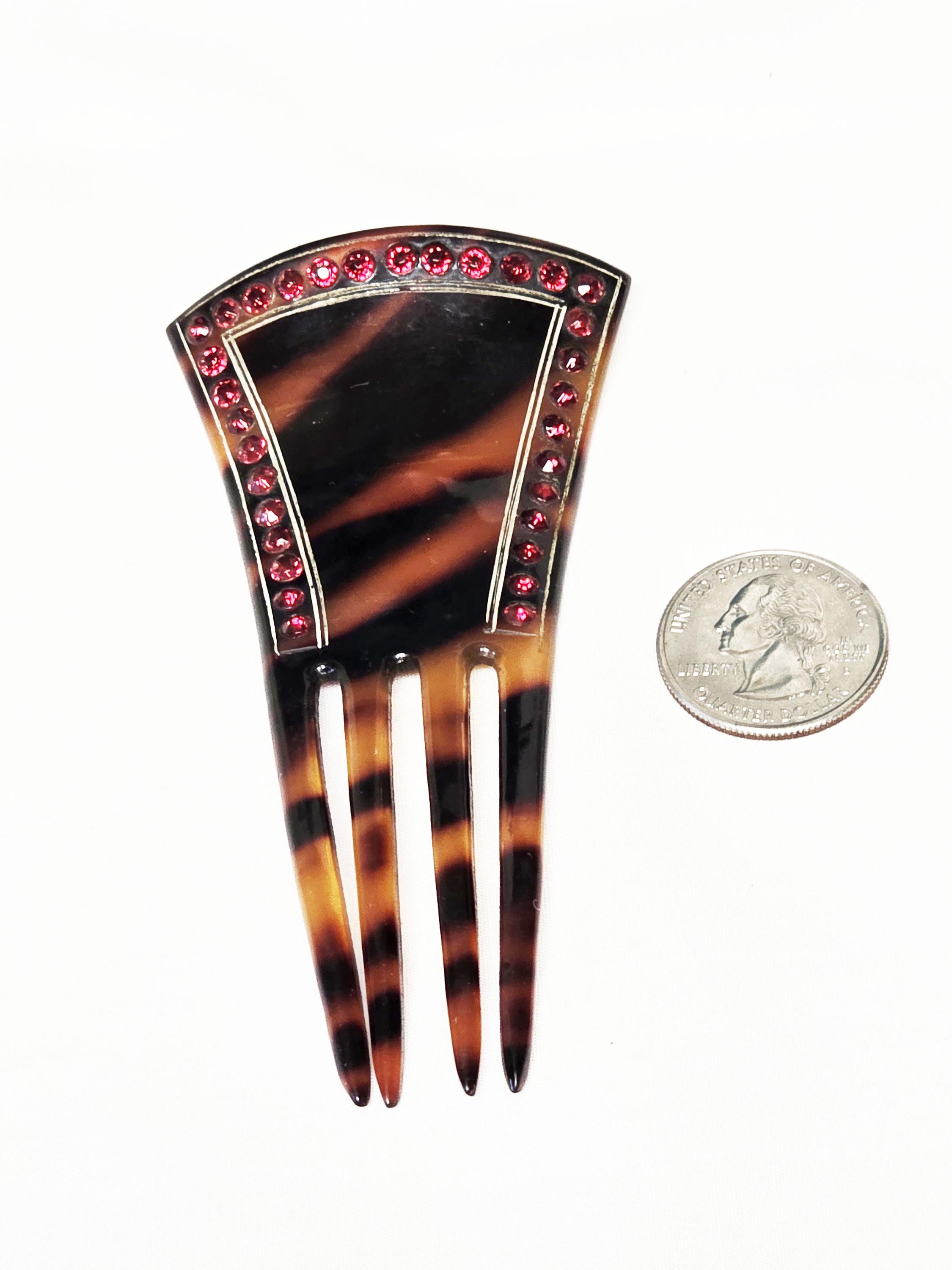 Vintage Partial Faux Tortoise Hair Comb Red Rhinestones 4 Vintage Hair Combs One With Red Rhinestones Celluloid Faux  main image 3