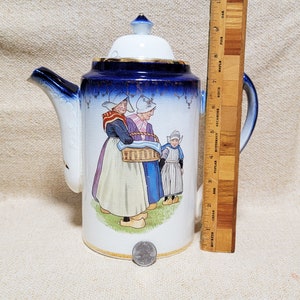 Huge Chocolate or Coffee Pot Server Durch Figures Farmhouse Decor Sterling China Early 1900's image 3