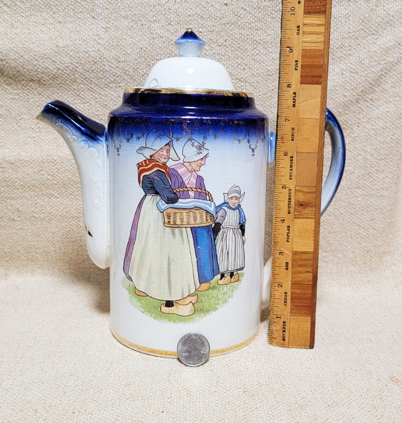 Huge Chocolate or Coffee Pot Server Durch Figures Farmhouse Decor Sterling China Early 1900's image 3