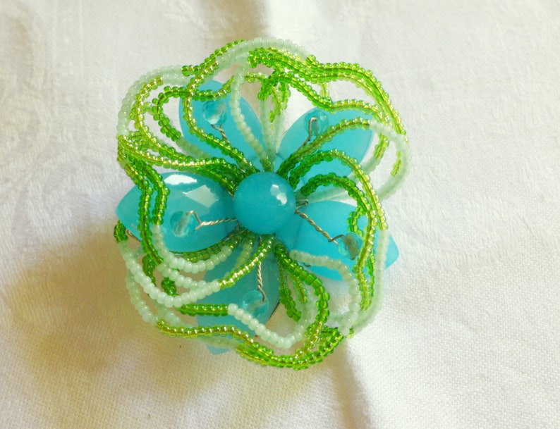 Blue Green Glass Pin Glass Beads Carolee Brooch Pin Flower Floral Silver Aqua Green image 1