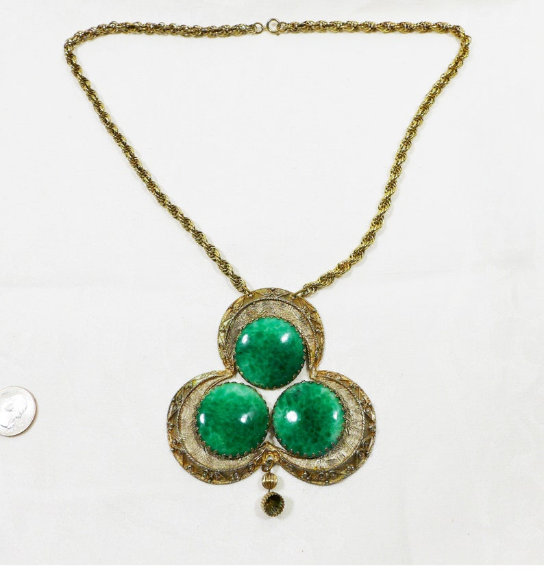 Huge Pendant Necklace Green Art Glass Gold Dangle Rope Chain
