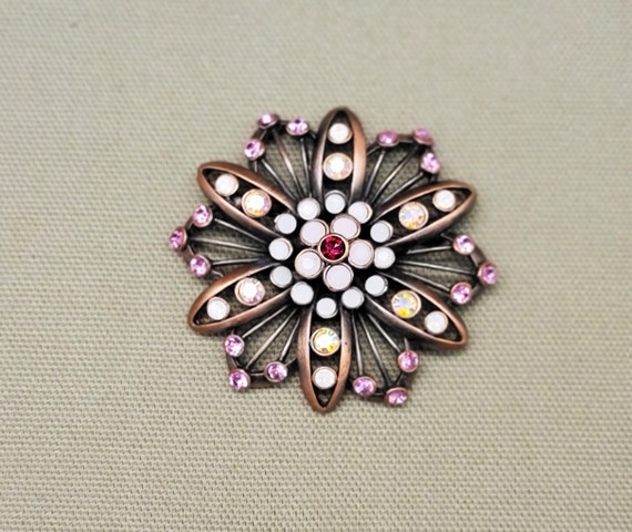 Flower Brooch Pin Faux Opals Copper AB Rhinestone… - image 3