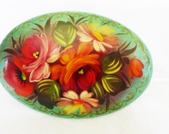 Floral Pin Brooch Artist Signed Oval Green with Orange Flowers Hand Painted Stunning