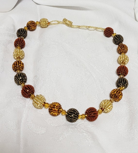 Handmade Glass Bead Necklace Vintage Brown Orange… - image 3