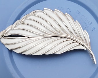 Silver and White Crown Trifari Leaf Brooch Pin 1955 - 1969 Mark