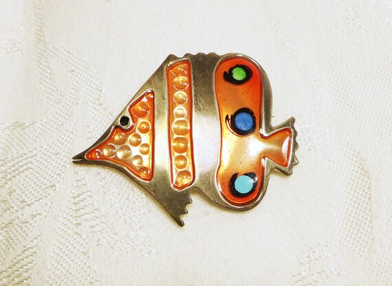 Sterling Silver Fish Brooch Orange Blue Black Ver… - image 2