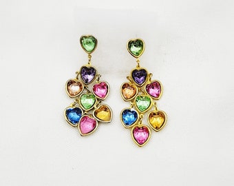 Heart Shaped Earrings Rhinestone Dangle Multicolor Pastel Beautiful Push Back Style