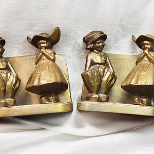 Frankart Bookends Dutch Boy & Girl Figurines 3-D Traditional Dress Wonderful Brass