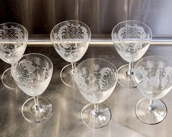 Magnificent Engraved Port Wine Aperitif Stemmed Goblets Glasses Very High End Hand Blown Hand Engraved