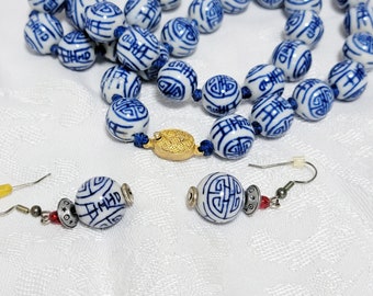 Blue & White Chinese Beads and Earrings Set Good Luck, Wealth, Longevity and Prosperous Life Meanings to the Bead Designs