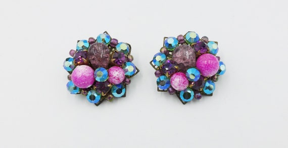 Vintage Rhinestone Earrings Art Glass AB Unsigned - image 1