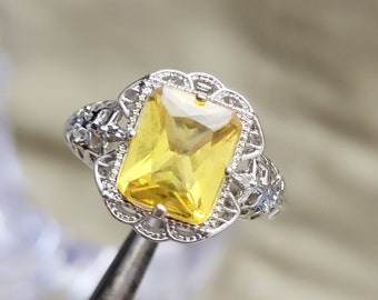 Silver & Yellow Topaz (faux) Cocktail Ring Filigree Stunning!