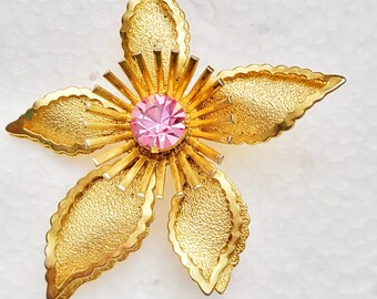 Brooch Flower Gold Pink Rhinestone Feminine Lovely Mid Century Brooch