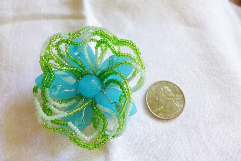 Blue Green Glass Pin Glass Beads Carolee Brooch Pin Flower Floral Silver Aqua Green image 4