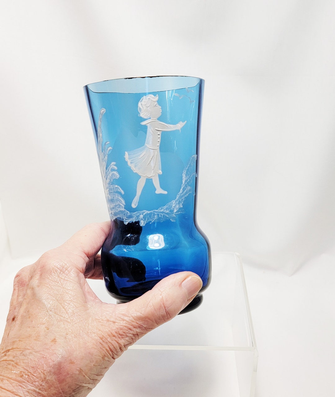 Mary Gregory Glass Vase Cobalt Blue Girl Birds Gold Trim White Enamel ...