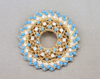 Stunning Brooch Gold Rhinestones Turquoise Beads  Round Sarah Coventry 1970 Aquarius