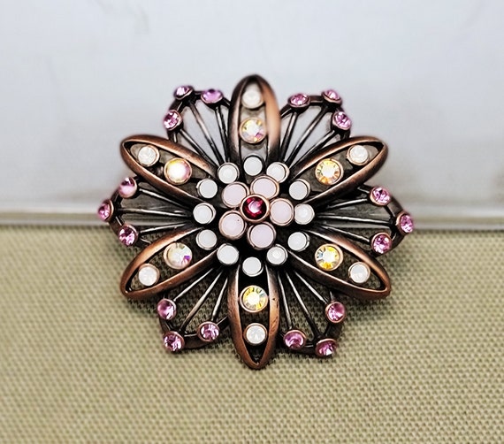 Flower Brooch Pin Faux Opals Copper AB Rhinestone… - image 2