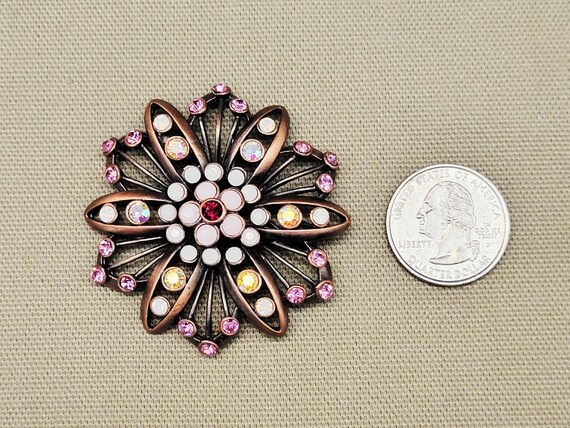 Flower Brooch Pin Faux Opals Copper AB Rhinestone… - image 7