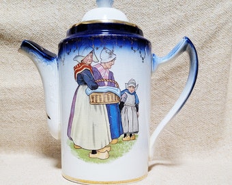 Huge Chocolate or Coffee Pot Server Durch Figures Farmhouse Decor Sterling China Early 1900's