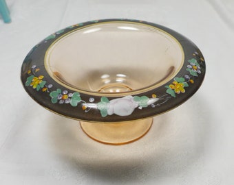 Footed Candy Dish Pink with Black Flashing and Hand Decorated Enamel Flowers