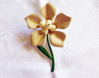 Enameled Flower Brooch Pin Mid Century Creamy Pinkish Beige Gorgeous