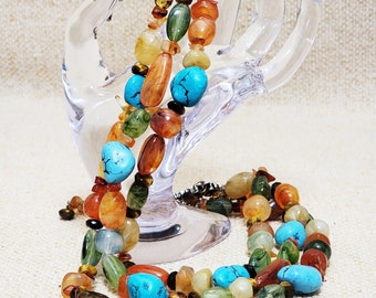 3 Strand Necklace Turquoise, Tigers Eye, Agate & Art Glass Bead Necklace  Stunning