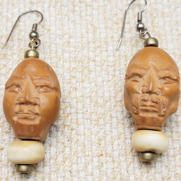 Handmade Earrings Hand Carved Faces Oriental Dangle Earrings Figural Earrings