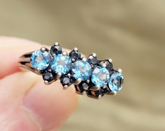 Sterling Silver Sapphire Cocktail Ring Open Back Stones Dark & Light Blue