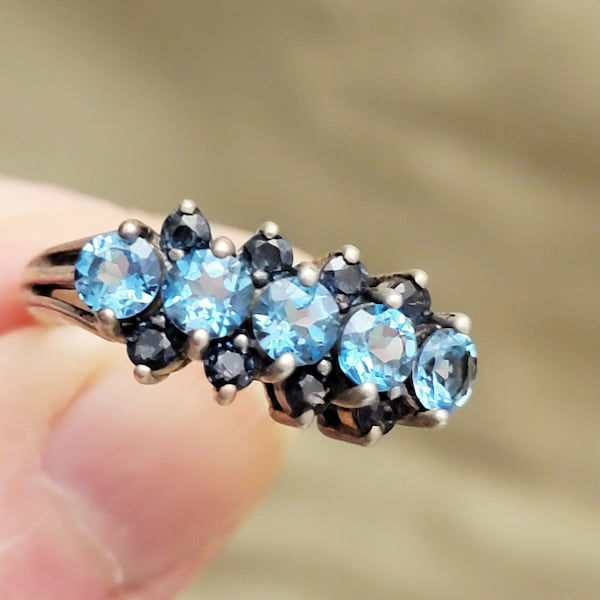 Sterling Silver Sapphire Cocktail Ring Open Back Stones Dark & Light Blue