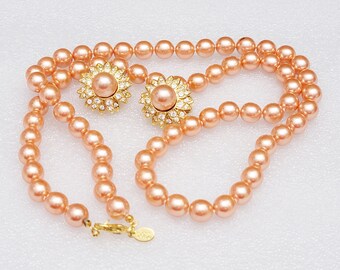 Joan Rivers Necklace & Earrings Set, Mother's Day Gift, , Earrings Rhinestone, Peachy Pink Glass Beads Spring Summer