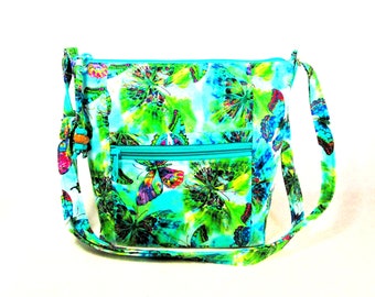 Cross Body Fabric Purse Turquoise Butterfly Handbag 10 Storage Pockets Medium Size Washable Purses Gifts for Women Fast Free Shipping US