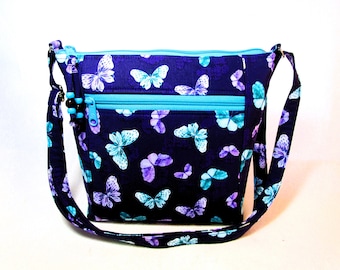 Butterflies Cross Body Fabric Handbag 9 Storage Pockets Medium Size Washable Zippered Purses Gifts for Women Fast Free Shipping US