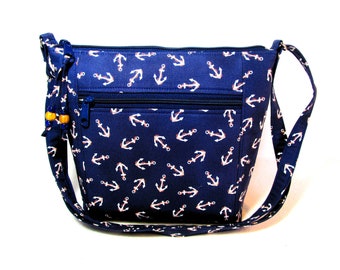 Anchors Nautical Cross Body Fabric Handbag 9 Storage Pockets Medium Size Washable Zippered Purses Gifts for Women Fast Free Shipping US