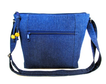 Blue Denim Cross Body Fabric Purse Easy Pull Zipper Washable Handmade Bags Built-in Key Clip Lightweight Handbags Fast Free Shipping US