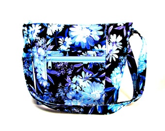 Baby Blue Floral Cross Body Fabric Purse Easy Pull Zip Washable Handmade Bags Built-in Key Clip Lightweight Handbags Fast Free Shipping US