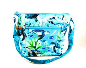 Ocean Turtles Cross Body Fabric Purse Easy Pull Zipper Washable Handmade Bags Built-in Key Clip Lightweight Handbags Fast Free Shipping US