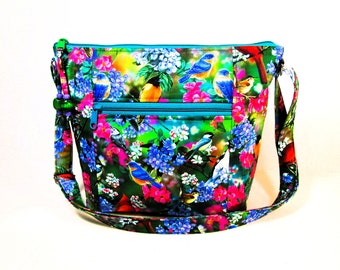 Songbirds Cross Body Fabric Purse Easy Pull Zipper Washable Handmade Bags Built-in Key Clip Lightweight Handbags Fast Free Shipping US