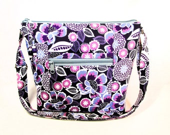 Plum Retro Floral Cross Body Fabric Purse Easy Pull Zip Washable Handmade Bags Built-in Key Clip Lightweight Handbags Fast Free Shipping US