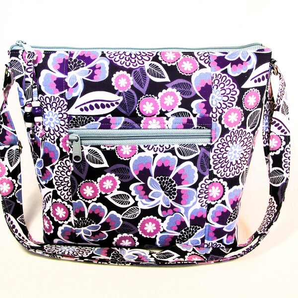 Plum Retro Floral Cross Body Fabric Purse Easy Pull Zip Washable Handmade Bags Built-in Key Clip Lightweight Handbags Fast Free Shipping US