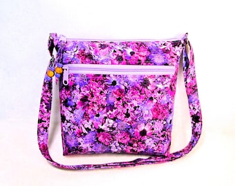 Mauve Floral Medium Size Cross Body Hip Bag Lightweight Washable Purses Adjustable Strap Free Shipping US Handbags for Women Gifts for Women