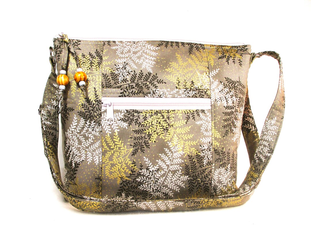 Gray Ferns Cross Body Large Fabric Purse Adjustable Long Strap Handbags