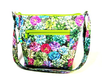 Cross Body Fabric Purse Colorful Succulent Floral Handbag 9 Storage Pockets Medium Size Washable Purses Gifts for Women Free Shipping US