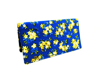 Royal Blue Yellow Floral Fabric Standard Checkbook Cover Washable Check Protector Fast Free Shipping US Gifts for Women Purse Accessory