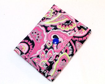 Women's Washable Fabric Wallet Gifts for Women Pink and Navy-Blue Paisley Billfold 11 Storage Pockets Fast Free Shipping US