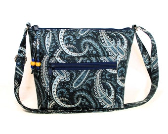 Cross Body Fabric Purse Navy Blue Paisley Handbag 10 Storage Pockets Medium Size Washable Purses Gifts for Women Fast Free Shipping US